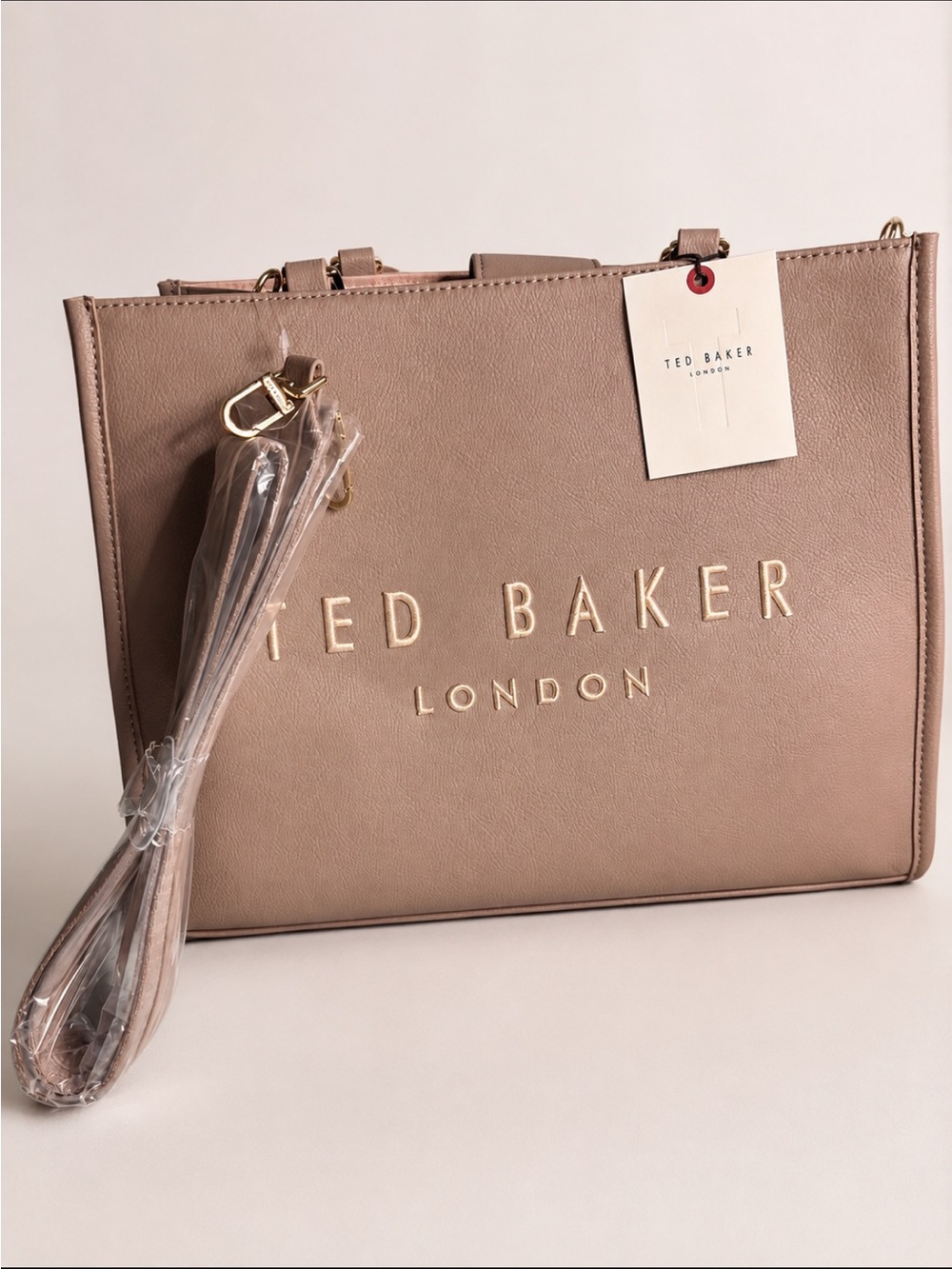 Ted Baker Taupe Logo Tote with Gold Accents